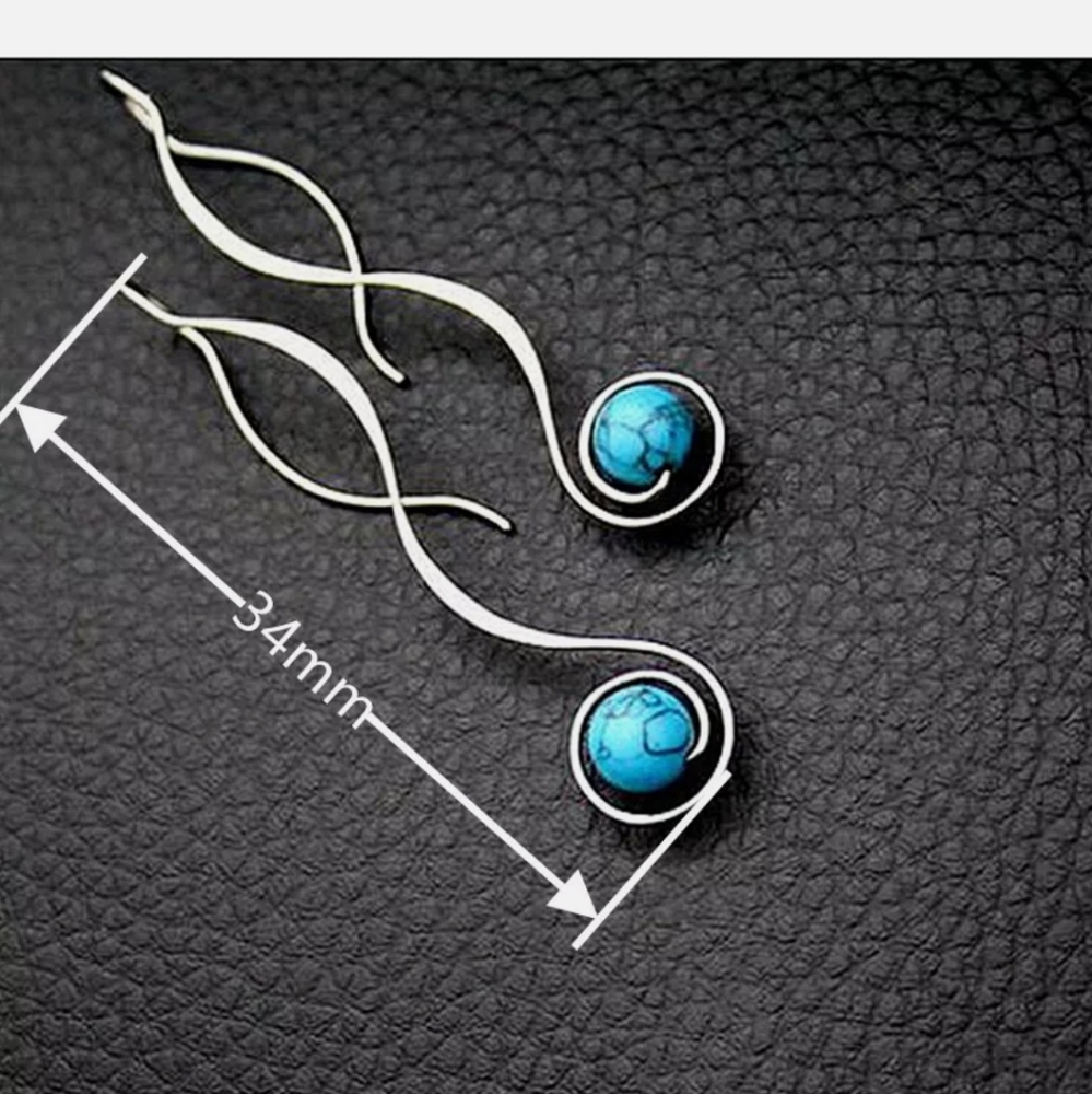 Silver Long Style Turquoise Round Cut Earrings - Picture 4 of 4